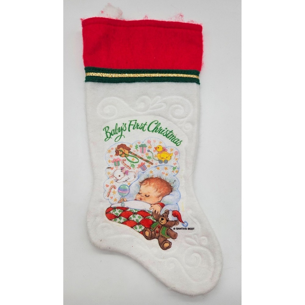 Vintage Santas Best Babys First Christmas Stocking White Felt Sleeping Baby 1980